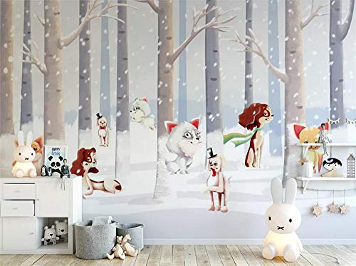 MYLOOO Fotomurale Gruppo Sveglio di Bambini di Scena della Neve della Foresta dei Cuccioli Carta Parati Poster Camera Soggiorno Include Colla
