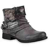 damenstiefel blau 41  Damen Stiefeletten Biker Boots Schnallen Nieten Knöchelhohe Stiefel Leder-Optik Schuhe 120530 Dunkelgrau 41 Flandell