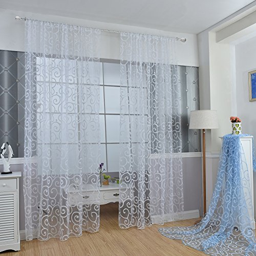 Juego de cortinas Fastar transparentes de gasa con motivo floral y cenefa, Blanco, B:100*270cm