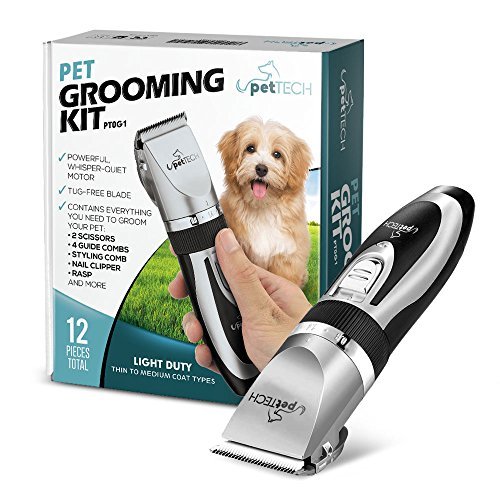PetTech Professional Dog Grooming Kit - Rechargeable, Cordless Pet Grooming Clippers & Complete Set of Dog Grooming Tools. Low Noise & Suitable For Dogs, Cats and Other Pets