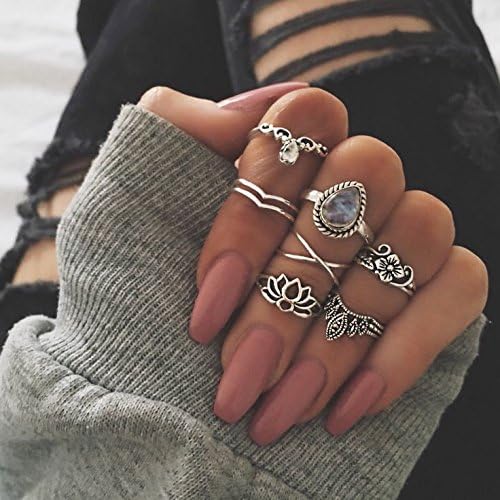 FinDox(TM) Fashion Bohemian Wedding Jewelry 7pcs / Set Big Water Drops Crystal Resin Hollow Lotus Flowers Crown Vintage Ring For Women [ Silver ]