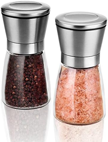 Set of 2 Manual Pepper and Salt Mill FOXAS Salt and Pepper Grinder Small Grinder for Salt and Pepper Body made of glass and cap made of stainless steel (Set of 2)