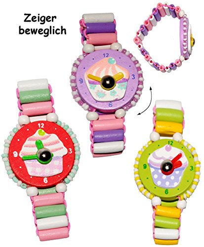 Armbanduhr / Kinderuhr - " Muffin - bunt " - aus Holz - bewegliche Zeiger ! - Lernuhr mit Armband - Uhr für Kinder - Mädchen & Jungen - Holzarmbanduhr - Analog / Holzuhr - Schmuck Holzschmuck - Kleinkinder Uhrzeit lernen