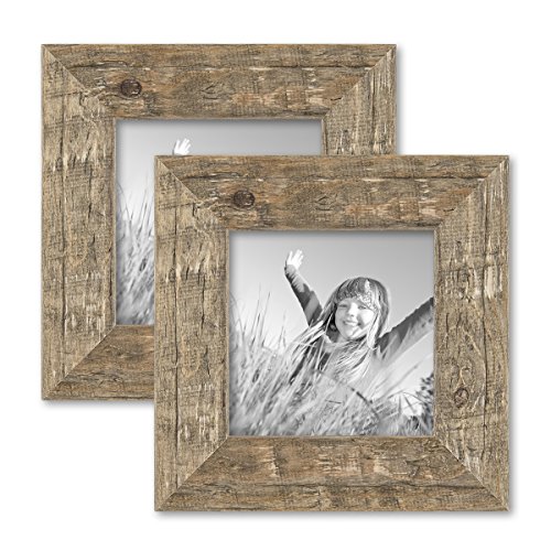 2er Set Bilderrahmen 15x15 cm Strandhaus Rustikal Eiche-Optik Natur Massivholz mit Glasscheibe inkl. Zubehör / Fotorahmen