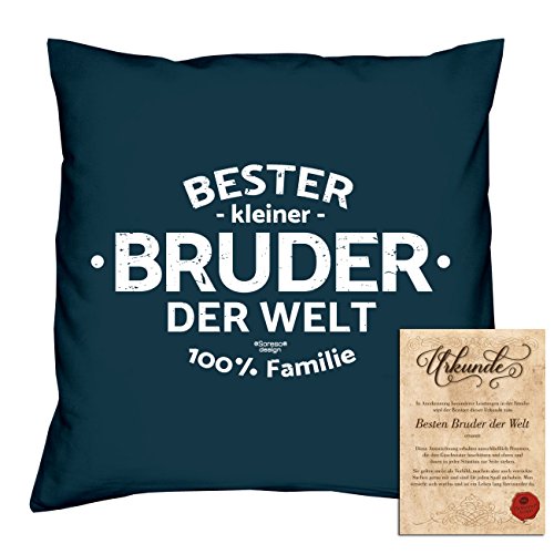 Geschenk-Set :: Bester kleiner Bruder der Welt – Kissen inkl. Füllung und Urkunde Geschenkidee zum Geburtstag Weihnachten als Weihnachtsgeschenk Geburtstagsgeschenk Farbe:navy-blau - 5