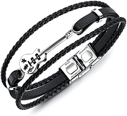 WKAIJCJ Bracelet Men Braided Jewelry Leather Rope Fashion Creative Individuality Titanium Steel Guitar Retro Multilayer Black,Black-OneSize