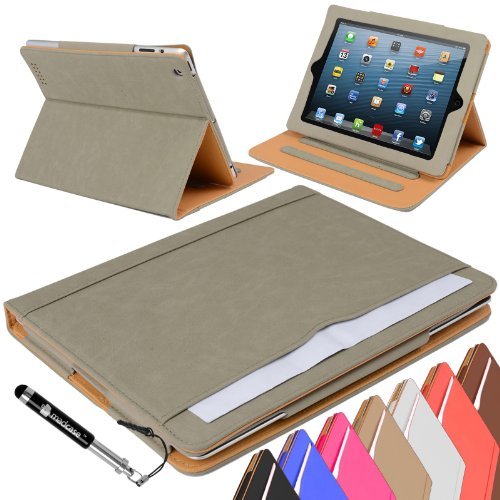 Madcase Apple iPad Air 2 / Air Smart Case Etui Faux Ledertasche Hülle mit Auto Schalf und Wach Sleep-Funktion inkl. Displayschutzfolie und Stylus Touch stift - Grau / Beige