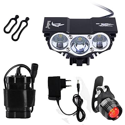 QITAO® Bicyclettes Lumière vélo Lampe frontale Torche Phare Lumières de cycle Lumière de devant Rechargeable Imperméable Lumières de tête Lampe de poche 6600/5000Lm U2 XML CREE LED Lumière de vélo de montagne + Batterie 4x18650 + Feu arrière (N…