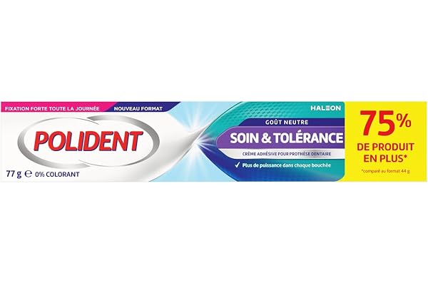 POLIDENT - Soin et Tolérance - Crème Adhésive Hypoallergénique pour Prothèse Dentaire - Fixation 12 Heures - Aide à Protéger les Gencives des Irritations - Sans Colorant ni Aromes Ajoutés - Tube 77 g