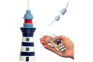 Lowgy Nautical Wooden Lighthouse Light Pull with Cord & Connector (Navy Blue & White)