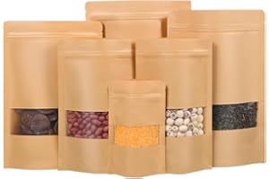 GOZMY Bolsas Kraft con Ventana, Bolsa papel Kraft Ventana, Bolsas Kraft Zip, Bolsa Cafe, Bolsas Kraft para Frutos Secos, Dulces, Granos de Café, Hojas de Té, Marrón 16x26cm 50 Piezas