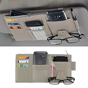 STHIRA PU Leather Multi-Function Car Space Sun Visor Organizer Hanging Phone Storage Pouch Holde (Grey)