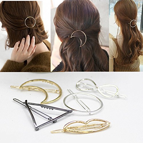 Cuhair 5pcs fashion Gold Hollow Geometric Metal punk Hairpin Hair Clip accessories barrette for girl women Clamps,Circle, Moon
