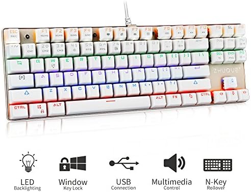 Gaming Mechanical Kyeboard Blue Swtich - 87 Key Full Anti-ghosting Metal LED Backlit Keyboard for PC Gamers and Typists White