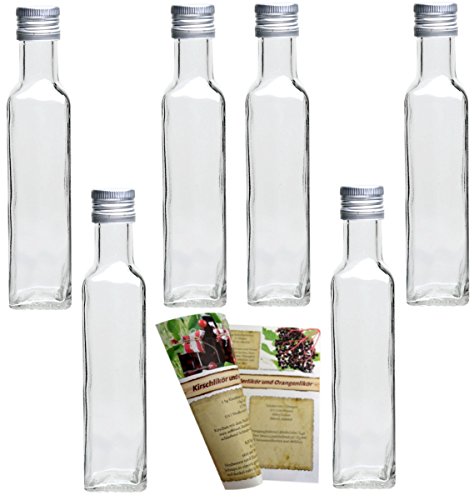 24er Set leere 250 ml Maraska Glasflaschen incl. Schraubverschluss Silber und 28-seitige Flaschendiscount-Rezeptbroschüre Likörflaschen Schnapsflaschen Essigflaschen Ölflaschen