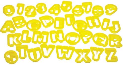 KitchenCraft Let's Make Letter and Number Cookie Cutters for Kids, Plastic, Yellow, 36 Piece Set with Storage Tub