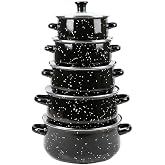 Herzberg HG04128, Set of 10 Pots and Casseroles with Glass Lids, Black Enamel, Comfortable Handles, Versatile Sizes (16-24 cm