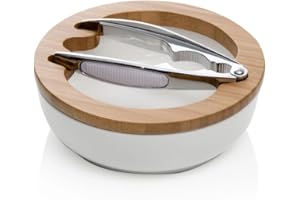 Brandani 55633 Ciotola portanoci in porcellana con supporto in bamboo e schiaccianoci in metallo cromato