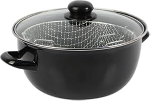 Crealys 545412 Friteuse traditionelle en Acier Emaillé Noir Ø20 cm - avec panier étamé + couvercle en verre - tous feux dont induction