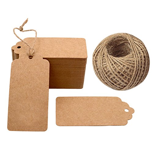 100Stk. Kraftpapier Etiketten Tags 5CM *10CM Geschenkanhänger Anhänger Etiketten mit Jute-Schnur 30 Meter (Braun)