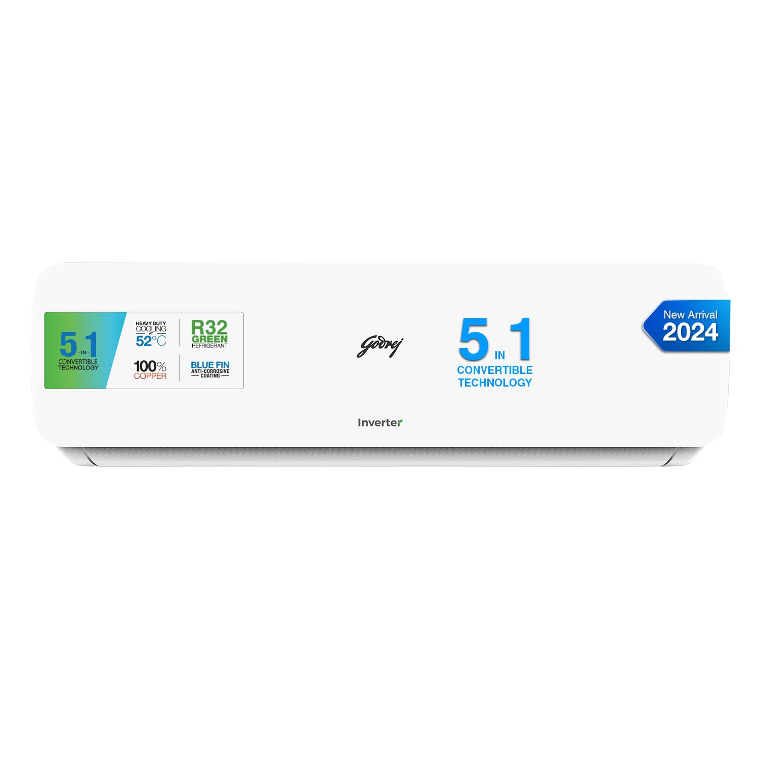 Godrej 1.5 Ton 3 Star, 5-In-1 Convertible Cooling, Inverter Split AC (Copper, Heavy-Duty Cooling at 52 Deg Celcius, 2024 Mode
