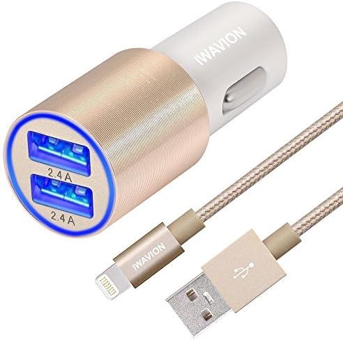 IWAVION Car Charger (4.8A/24W) with 3FT/1M Nylon Braided Lightning to USB Cable for Apple iPhone 7/7 Pls/6s/6s Plus/6/6 Plus/5s/5c/5, iPad Mini/Air/Pro, iPod, Samsung Galaxy S7/Edge/Note (Gold)