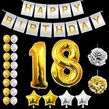 EL TOQUE PERFECTO: Este kit puede ser usado para decorar la fiesta sorpresa más hermosa con globos dorados y plateados. Este pack contiene un globo grande de 101,6cm del número 18, 1 x pancarta de HAPPY BIRTHDAY dorados y plateados de 20,3cm, 2 x globos dorados y 2x globos plateados en forma de estrella de 45,7cm, 8 x globos dorados y 8 x globos plateados de látex de 30,5cm. También se incluyen 2 Pompones (1 x dorado y 1 x plateado) de 15,2cm y 10m de cuerda.
