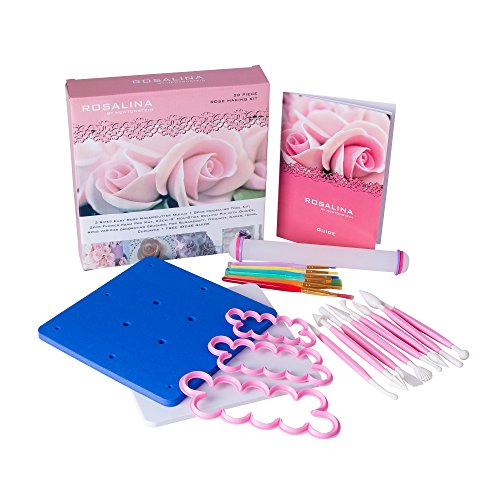 Rosalina - 20-teiliges Set mit 12 Größen einfaches Rosenwerkzeug/ Stecher + 8-teiliges Formwerkzeugset, 2 Blumenschaummatten, 23cm/ 9inch Teigrolle mit Antihaftungsbeschichtung und Markierungen, 6 verschiedene Dekorationspinsel. Für Zuckerkunst, Glasuren, Kuchen, Cupcakes + KOSTENLOSE ANLEITUNG MIT IDEEN