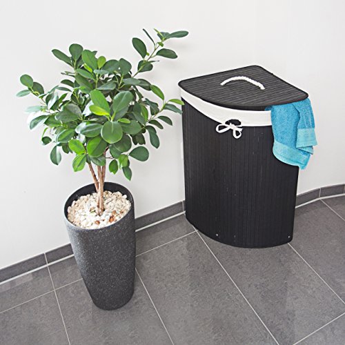 2 x Eckwäschekorb im Set, Wäschetrennsystem aus Bambus, Wäschesammler mit herausnehmbarem Wäschesack, je 64 L, schwarz - 2