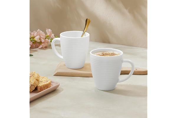 Larah by BOROSIL 2 Pcs Tea/Coffee Orbit White Opalware Mug, 390 ml Each, Microwave & Dishwasher Safe, Bone-Ash Free, Crockery Set Ideal for Daily Use & Gifting