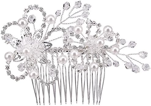 BiBeary Women Elegant Wedding Bridal Crystal Simulated Pearls Maple Flower Manual Handmade Hair Comb Hair Jewellery Silver-Tone