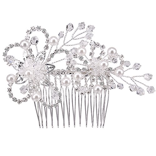 BiBeary Women Elegant Wedding Bridal Crystal Simulated Pearls Maple Flower Manual Handmade Hair Comb Hair Jewellery Silver-Tone