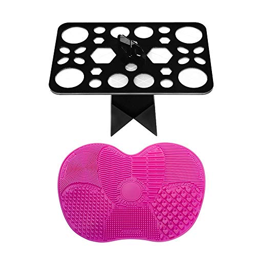 BYBOT Organizador de brochas de maquillaje con 28 agujeros, torre de aire, soporte plegable para brochas con alfombrilla de limpieza portátil para brochas de maquillaje