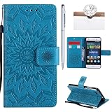 Felfy Lanyard Hülle für Huawei P8 Lite 2016,Huawei P8 Lite 2016 Tasche Elegante Retro Handyhülle Tasche Flip Cover Wallet Flower Blau Sonnenblume Prägung Muster Strap Muster Brieftasche Folio [PU Leder & TPU Silikon Inner Case] Ledertasche mit Kreditkartenhalter Slots und Magnetverschluss Tasche Hüllen Schutzhülle Bumper Shell Schutz Hülle Case für Huawei P8 Lite 2016 + 1x Silver Stylus + 1x Bling Dust Plug[Farbe Random]