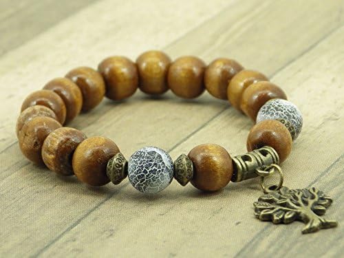 Miss Chichi woman's bracelet in light wood, frosted agate and tree-shaped pendant