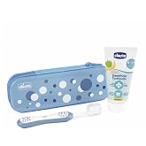 Chicco Baby Toothbrush and Toothpaste Set with Practical Case, Apple Banana Flavor Toothpaste, for First Teeth Milk, Travel S