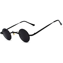 Lunettes De Soleil Rondes Hally & Son Noires - Verres Bleu UV400, Branches 138mm, Fabriqué En Italie