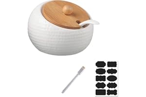 Rummyluck Céramique Sucrier Bols Bocaux d'Épices avec Cuillère & Couvercle en Bambou pour Servez le Sucre, Poivre, Épices, etc (12 * 9 * 11 CM, 500ML)