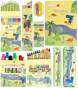 Toyshine 41 Pcs Coloring and Stationery Set Gift for Kids Boys Girls Toddler | Learning Educational Art Craft Indoor Game Gift Present Birthday for 3 4 5 6 7 8 9 Year Old - Dinosaur, Yellow