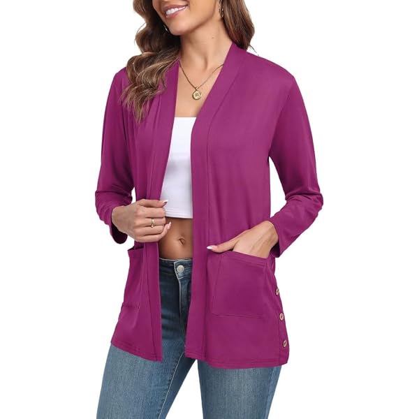 PrinStory Cardigan Léger Femme Manches Longues Ouvert Devant - Col V Avec Poches, Pull Doux Et Confortable