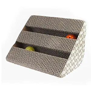 Petlogix Corrugated Cardboard Cat Scratching Inclined Pad, Kitten Scratcher Toy with Bell Ball (Grey)