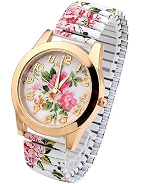 JSDDE Uhren, Damenmode Pfingstrosen Blume Armbaduhr,Basel-stil Flexband Quarzuhr(Weiß)