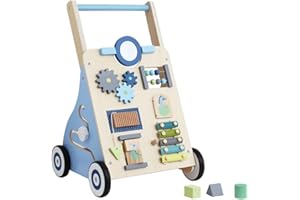 Haus Projekt Chodzik dla niemowląt, niebieski drewniany chodzik dla niemowląt, chodzik do ćwiczeń, drewniane zabawki, zabawki dla 1-letniego chłopca, prezenty urodzinowe dla chłopców, chodzik z