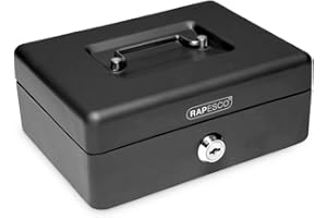 Rapesco SB0010B1 Caja de Caudales Portátil, Ancho 25 cm, 3 llaves y Bandeja Portamonedas Extraíble, Negro