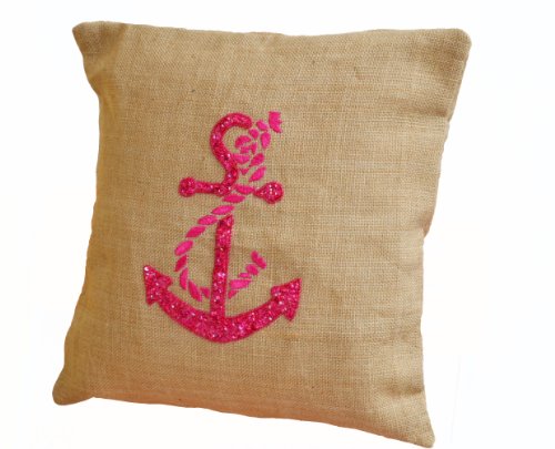 Amore SONP handgefertigt Jute Sackleinen Kissen, Kissen mit Hot Pink Anchor embroidery- Nautisches Kissen, Anker Kissenbezug, bestickt Kissen, Beach Décor Kissenbezug, beige, 50 x 50 cm