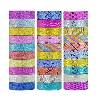 Success Stationery Colourful Decorative Adhesive Glitter Tape Rolls, Length 3m Each, Set of 30 (Colours and Designs May Vary), transparent