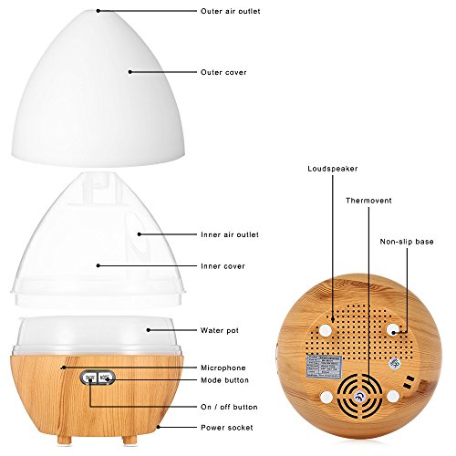 GBlife Essential Oil Diffuser, 450 ML Holz Korn Aromatherapie Cool Mist Luftbefeuchter, Bluetooth 4.1 Ultraschall Luftbefeuchter mit Musik-Player und 7 Farben LED-Leuchten - 2