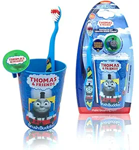 Thomas and Friends Happy Brushing Time Toothbrush Set - Soft Bristle Manual Toothbrush, Protect Cover Cap, Rinsing Cup for Kids Girls Boys