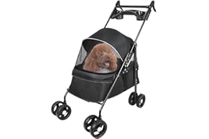 OHMG Poussette pour chien chat pliable,Les petits et chiens âgés,Jusqu'à 20 kg,Roues avec freins à 360°,Panier xxl,3 fenêtres,Porte-gobelet,Chariot pour chien