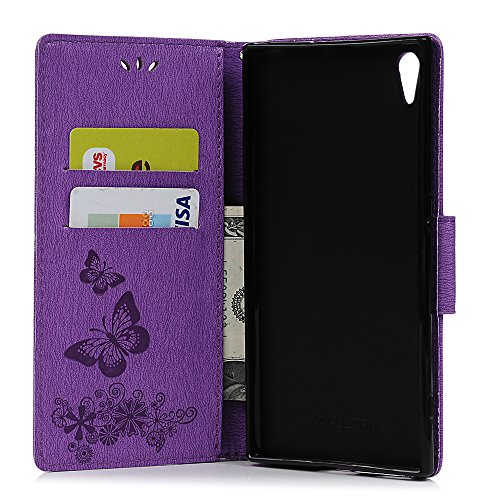 Sony Xperia XA1 Flip Hülle Sony Xperia XA1 Wallet Case YOKIRIN Premium PU Leder Flipcase Brieftasche Book Cover Ledercase Handyhülle Folio Schutzhülle Handytasche Handyschale [Standfunktion Kredit Kartenfächer Magnetverschluss] Groß Schmetterling Lila - 5